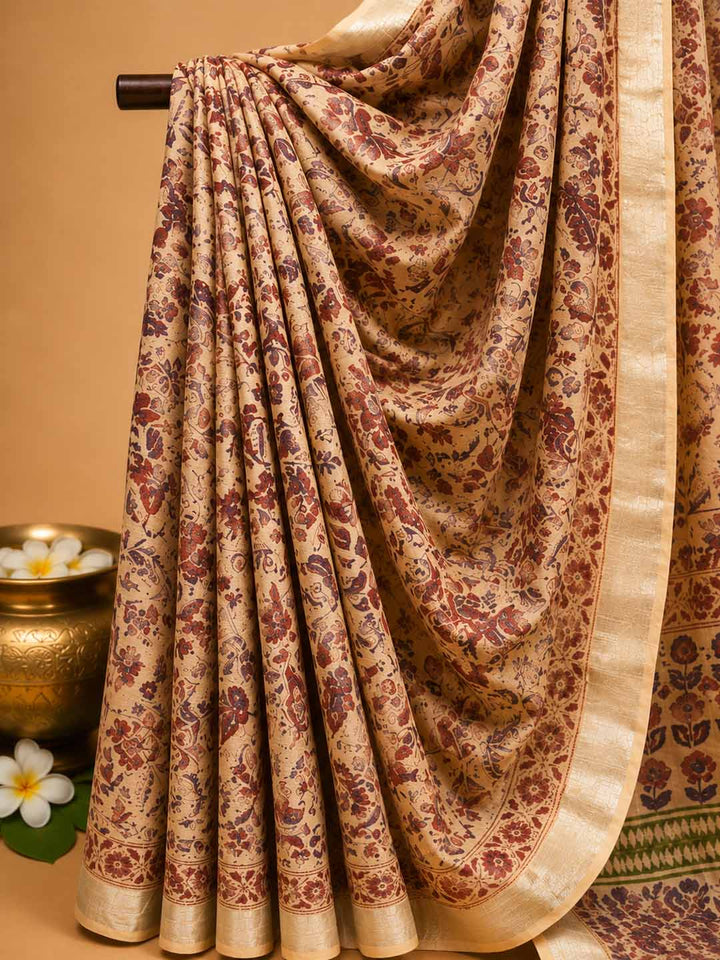 Light Peach  Floral Hand Block Print Linen Cotton Saree