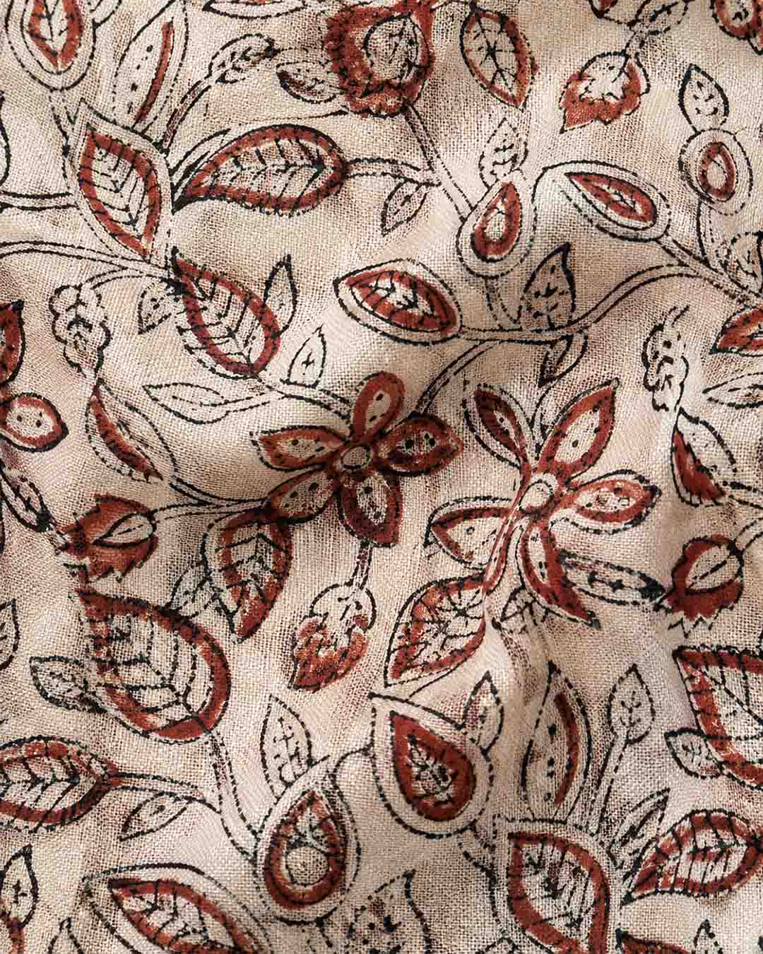 Beige And  Maroon Floral Hand Block Print Linen Cotton Saree