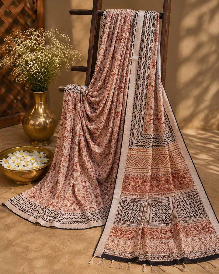 Beige And  Maroon Floral Hand Block Print Linen Cotton Saree