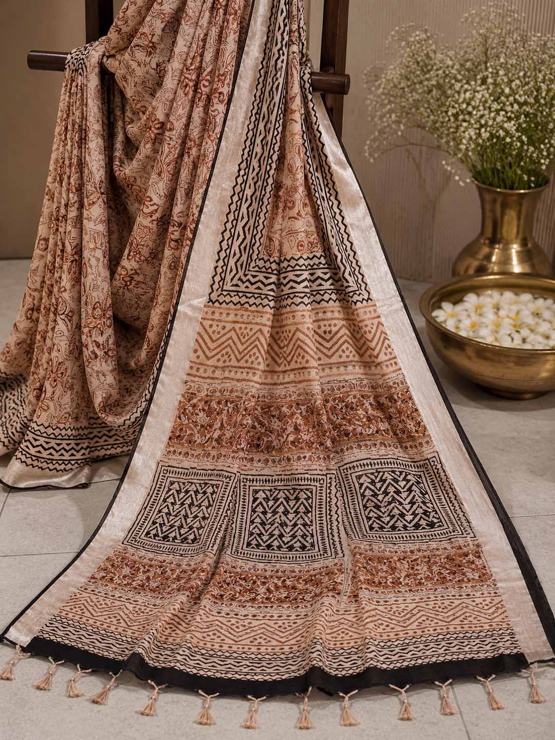 Beige And  Maroon Floral Hand Block Print Linen Cotton Saree