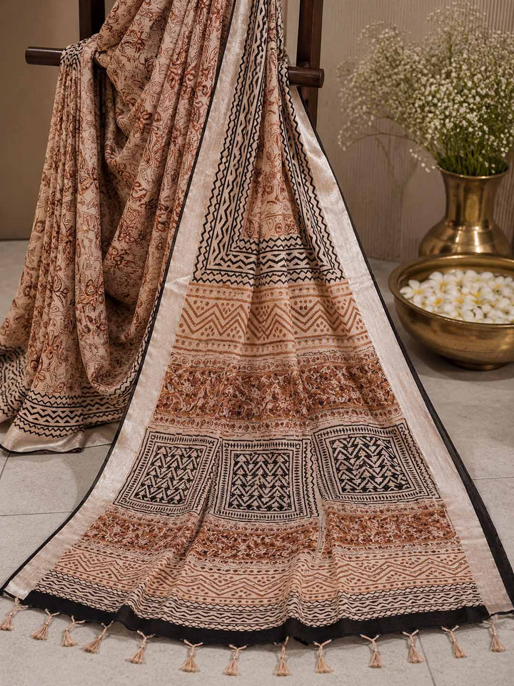 Beige And  Maroon Floral Hand Block Print Linen Cotton Saree