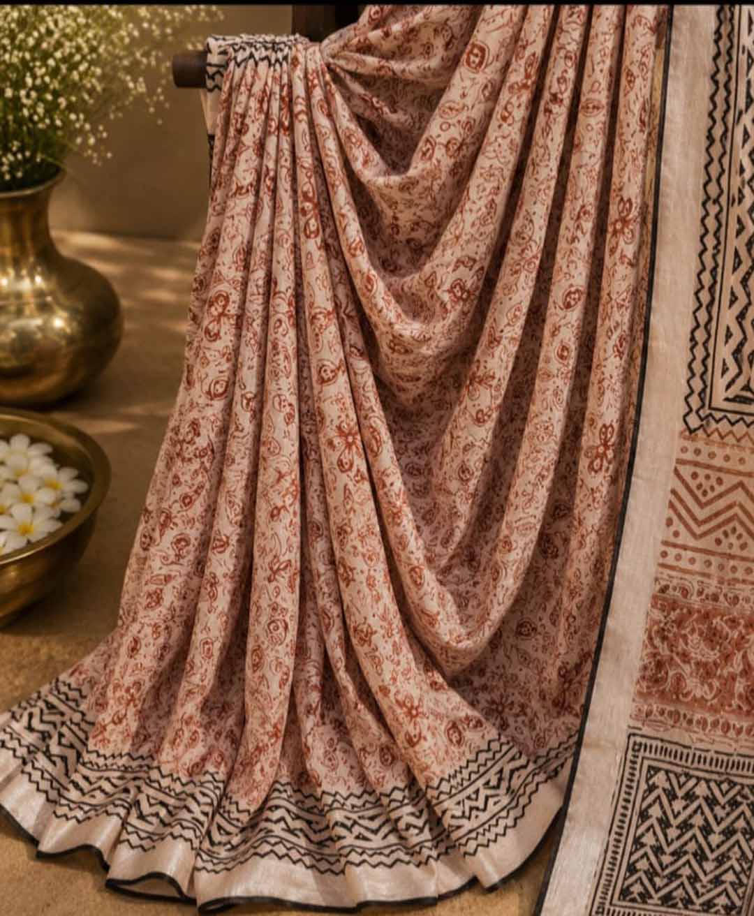 Beige And  Maroon Floral Hand Block Print Linen Cotton Saree
