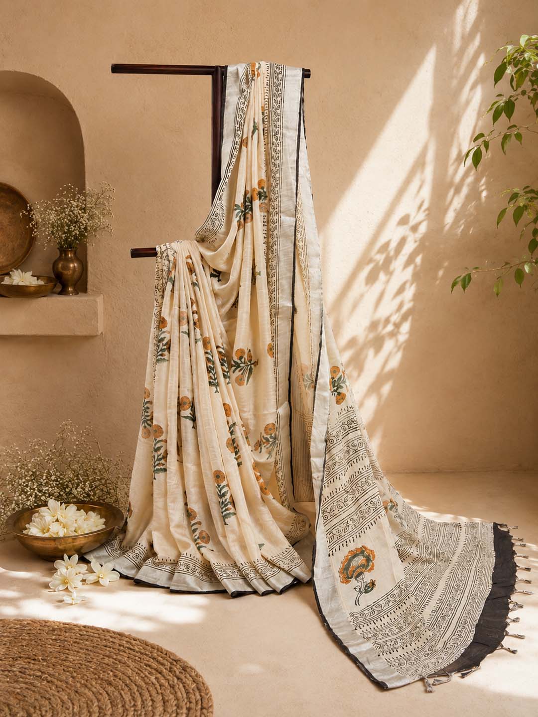 Beige And  Yellow Floral Hand Block Print Linen Cotton Saree