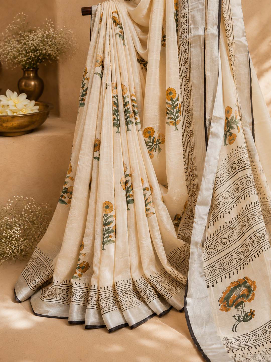 Beige And  Yellow Floral Hand Block Print Linen Cotton Saree
