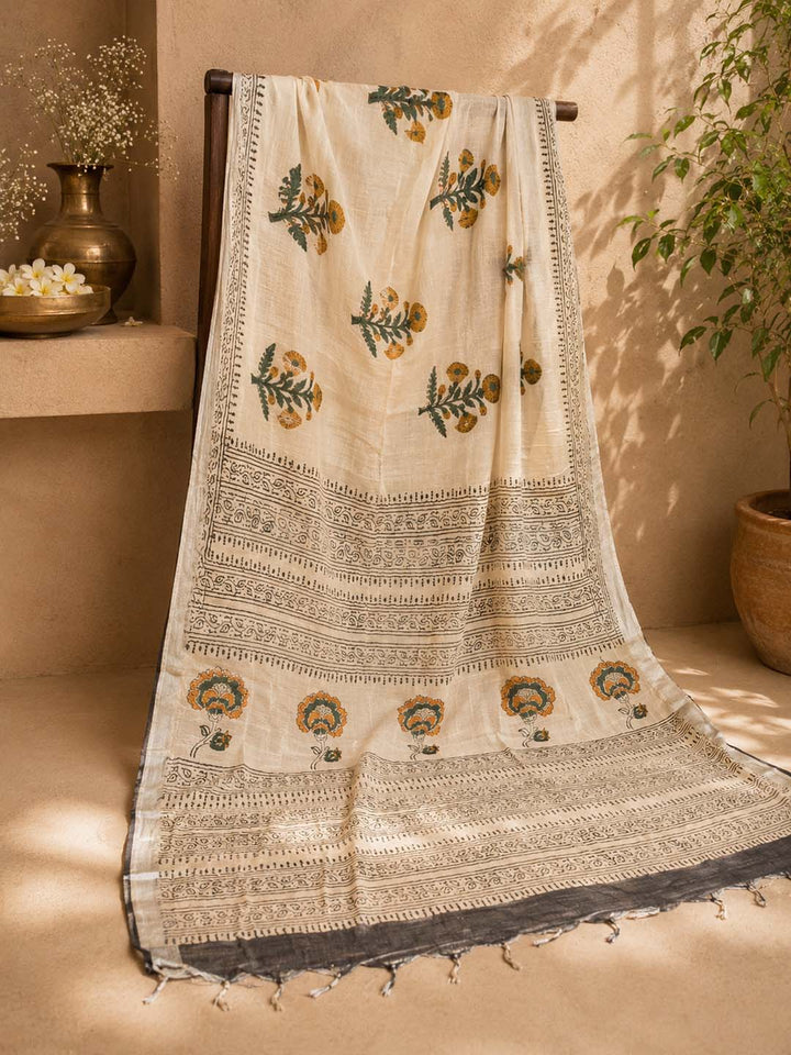 Beige And  Yellow Floral Hand Block Print Linen Cotton Saree