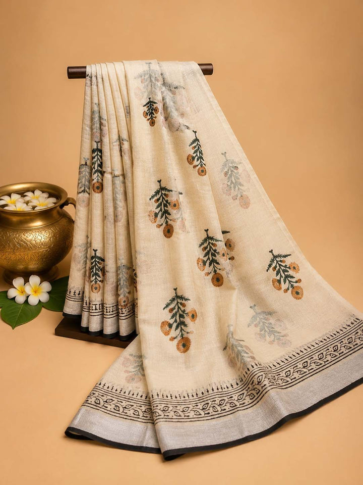 Beige And  Yellow Floral Hand Block Print Linen Cotton Saree