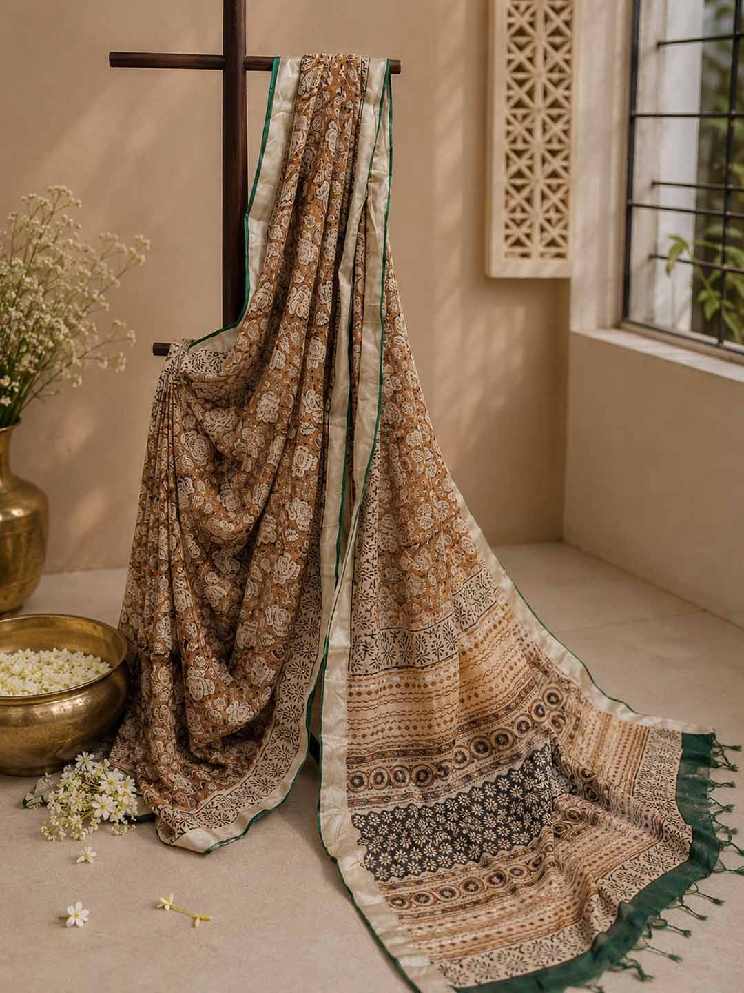 Honey Yellow And Beige Floral Hand Block Print Linen Cotton Saree