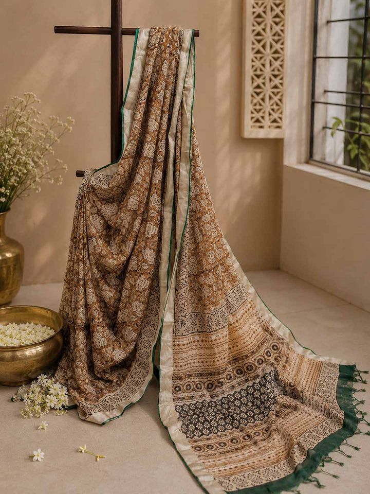 Honey Yellow And Beige Floral Hand Block Print Linen Cotton Saree