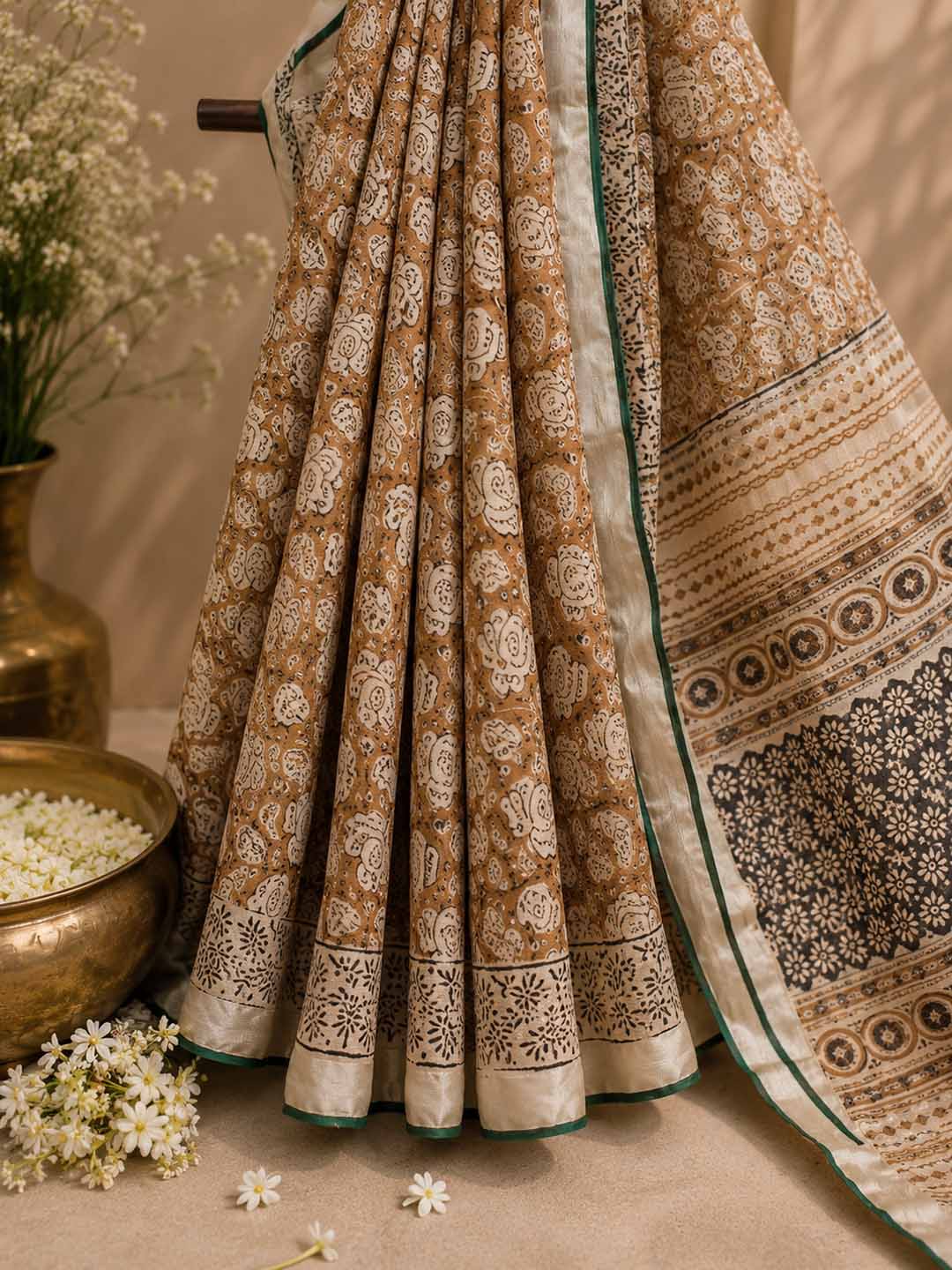 Honey Yellow And Beige Floral Hand Block Print Linen Cotton Saree