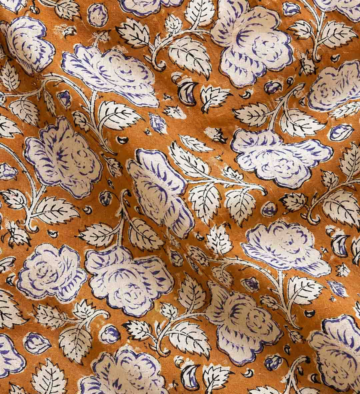 Honey Yellow And Beige Floral Hand Block Print Linen Cotton Saree