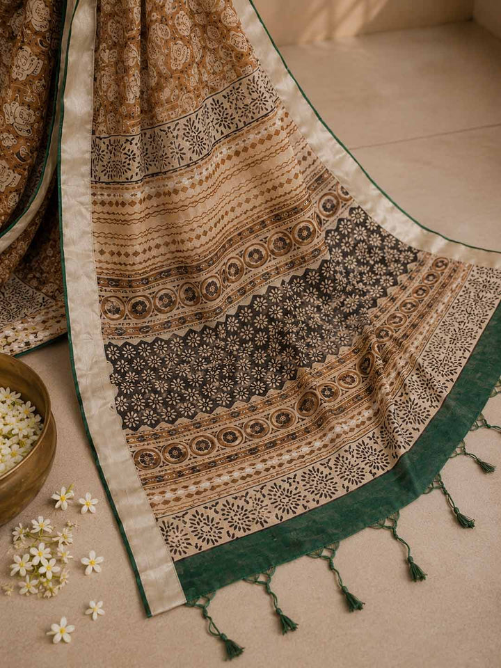 Honey Yellow And Beige Floral Hand Block Print Linen Cotton Saree