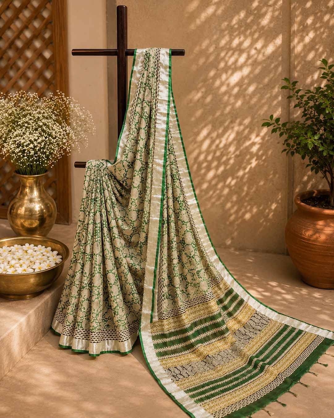 Green  Floral Hand Block Print Linen Cotton Saree