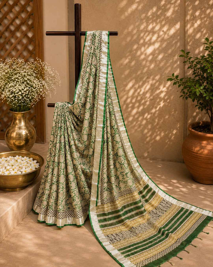 Green  Floral Hand Block Print Linen Cotton Saree