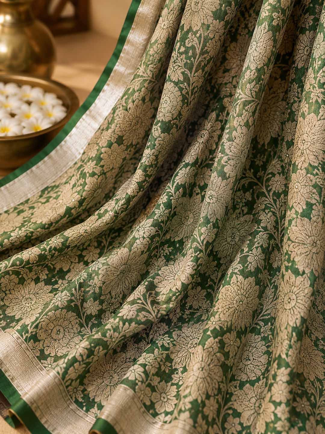 Green  Floral Hand Block Print Linen Cotton Saree