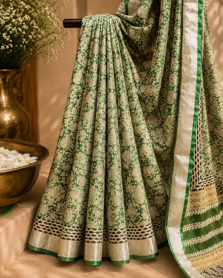 Green  Floral Hand Block Print Linen Cotton Saree