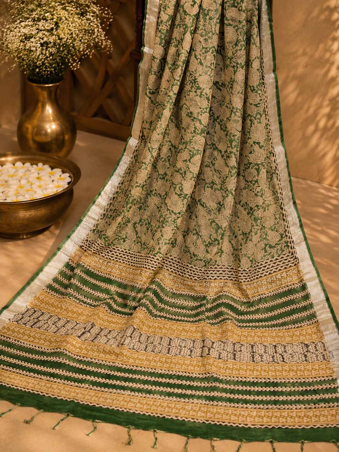 Green  Floral Hand Block Print Linen Cotton Saree