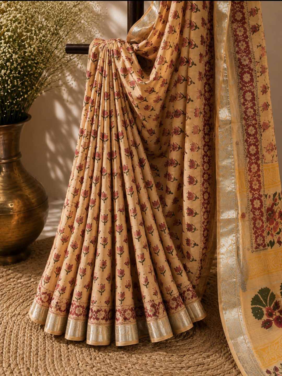 Light Peach And Red Lotus Hand Block Print Linen Cotton Saree
