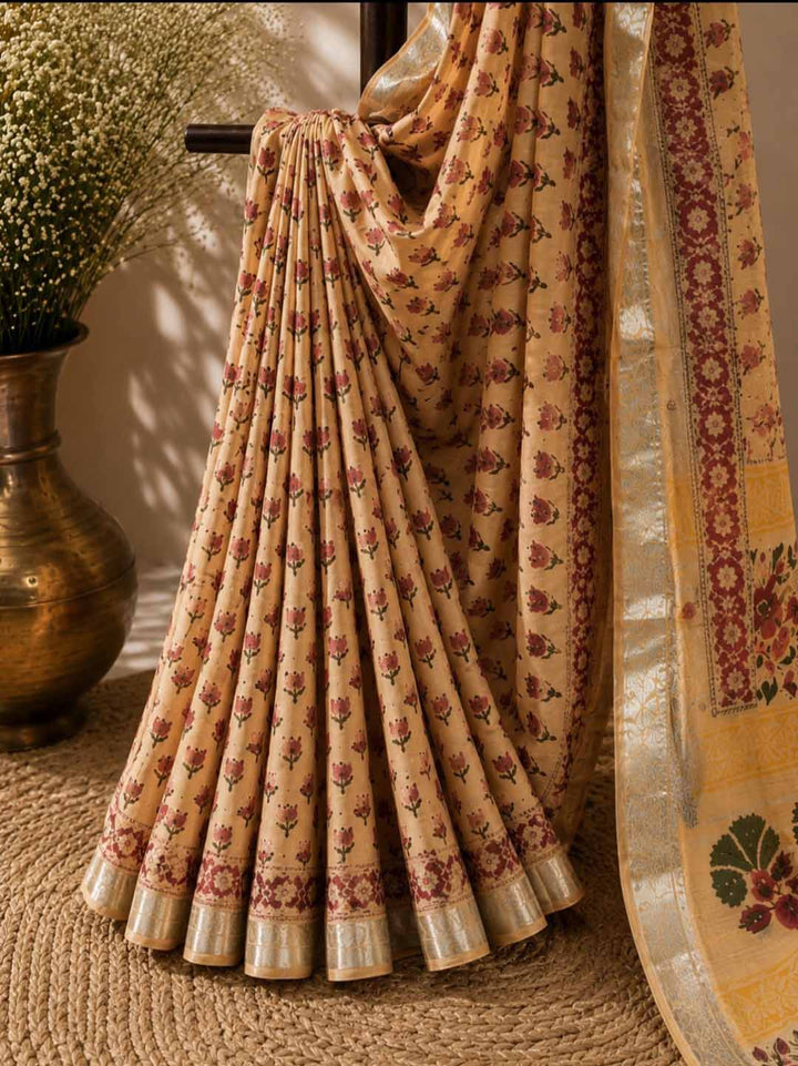 Light Peach And Red Lotus Hand Block Print Linen Cotton Saree