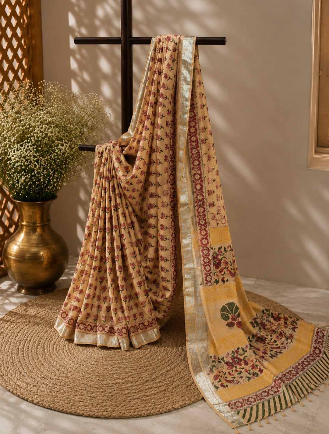 Light Peach And Red Lotus Hand Block Print Linen Cotton Saree