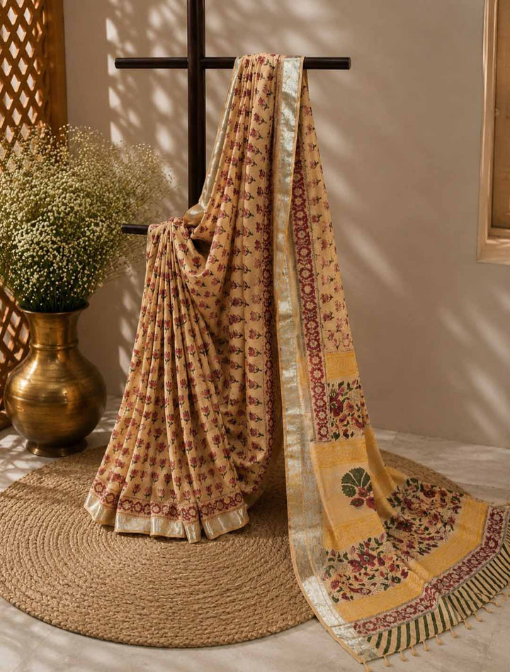 Light Peach And Red Lotus Hand Block Print Linen Cotton Saree