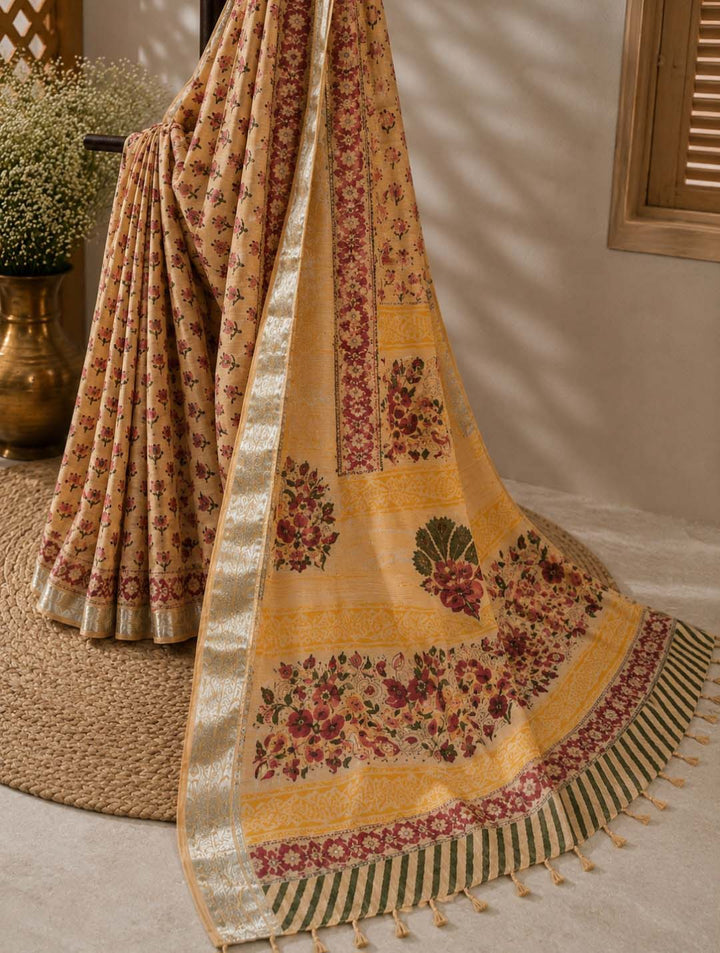 Light Peach And Red Lotus Hand Block Print Linen Cotton Saree