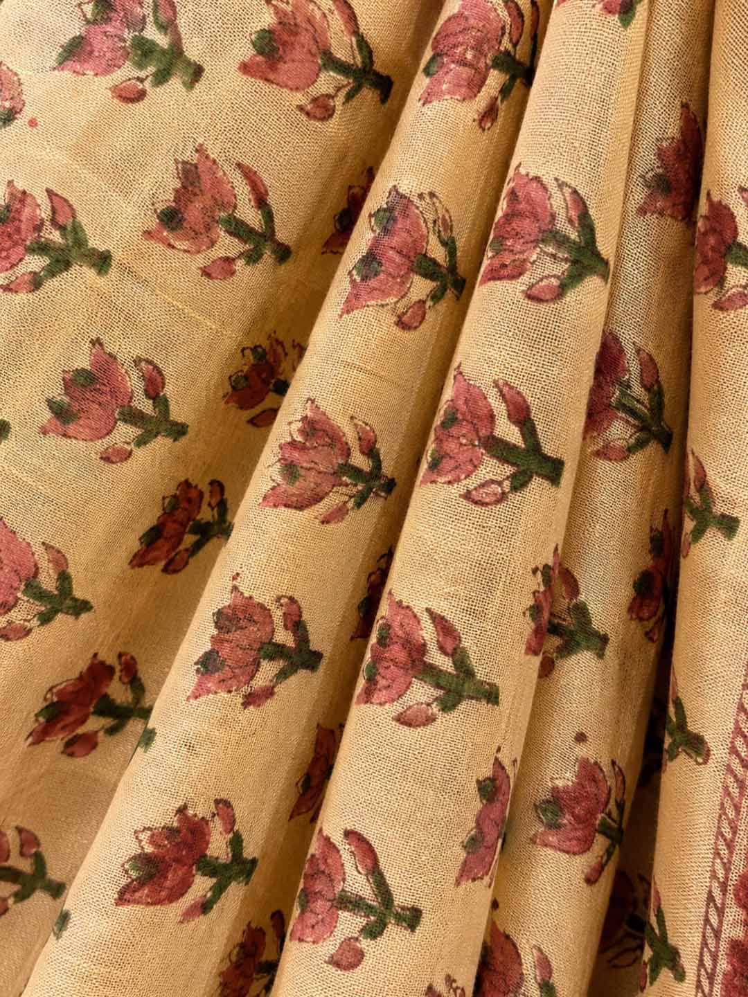 Light Peach And Red Lotus Hand Block Print Linen Cotton Saree