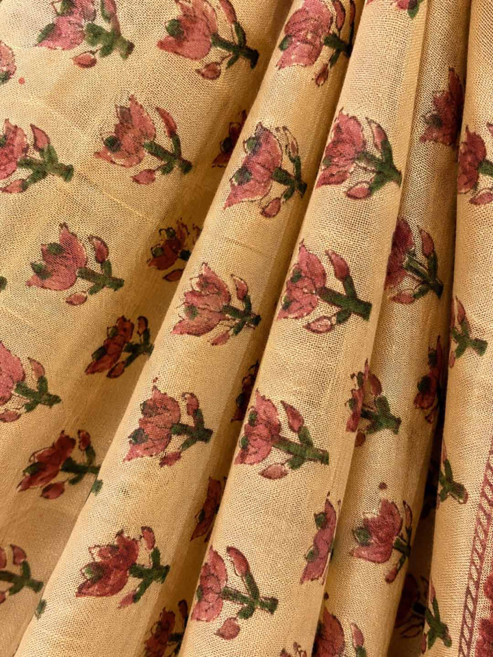 Light Peach And Red Lotus Hand Block Print Linen Cotton Saree