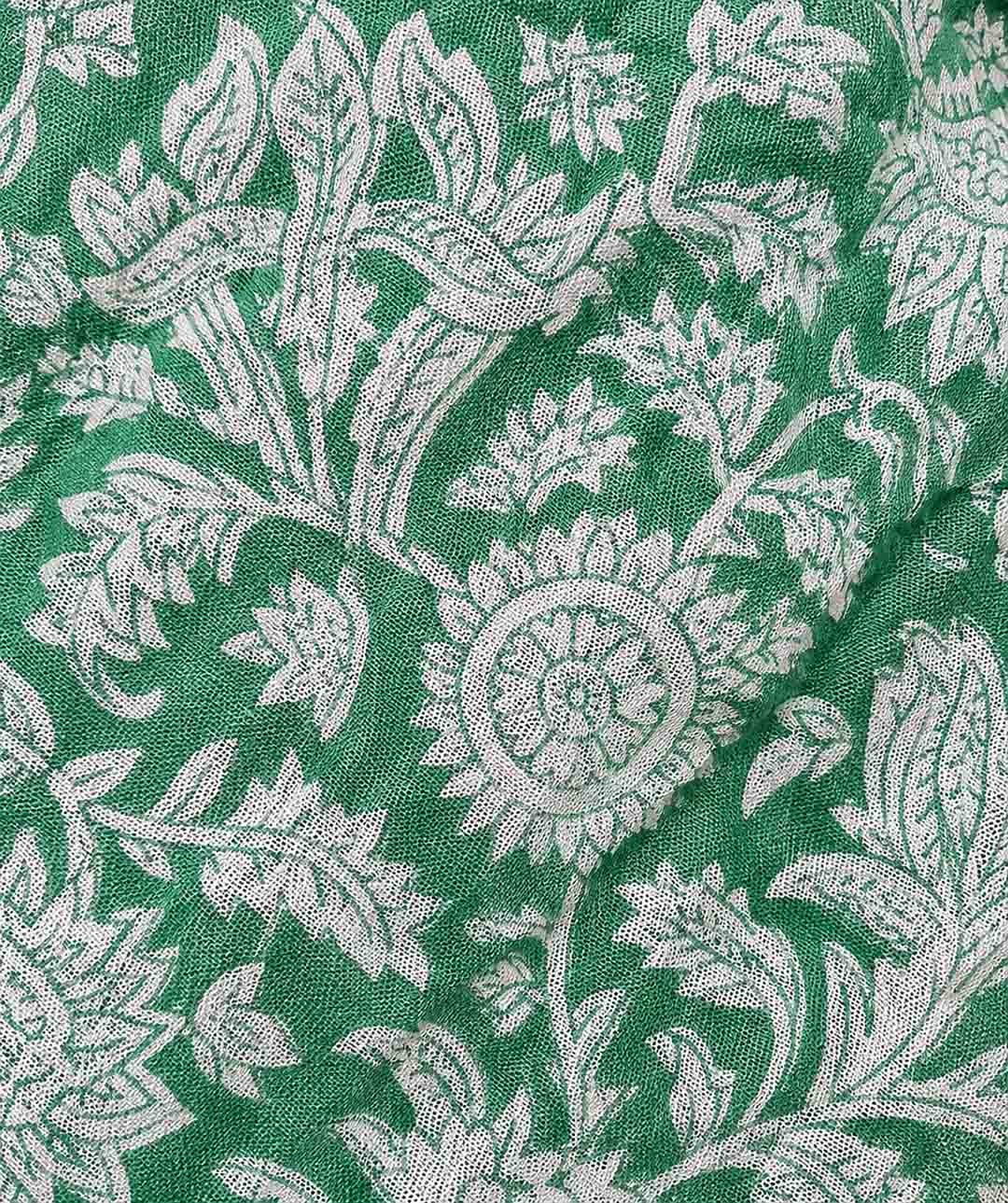 Green And  White Hand Block Print Linen Cotton Saree.