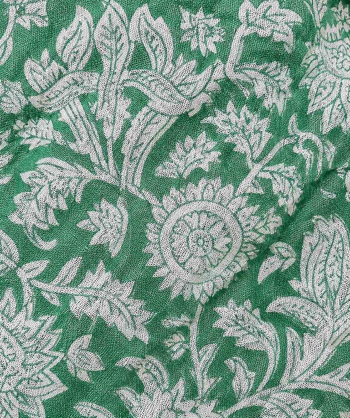 Green And  White Hand Block Print Linen Cotton Saree.
