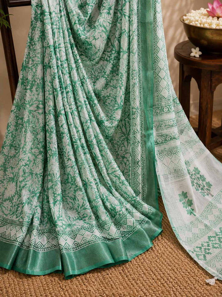 Green And  White Hand Block Print Linen Cotton Saree.