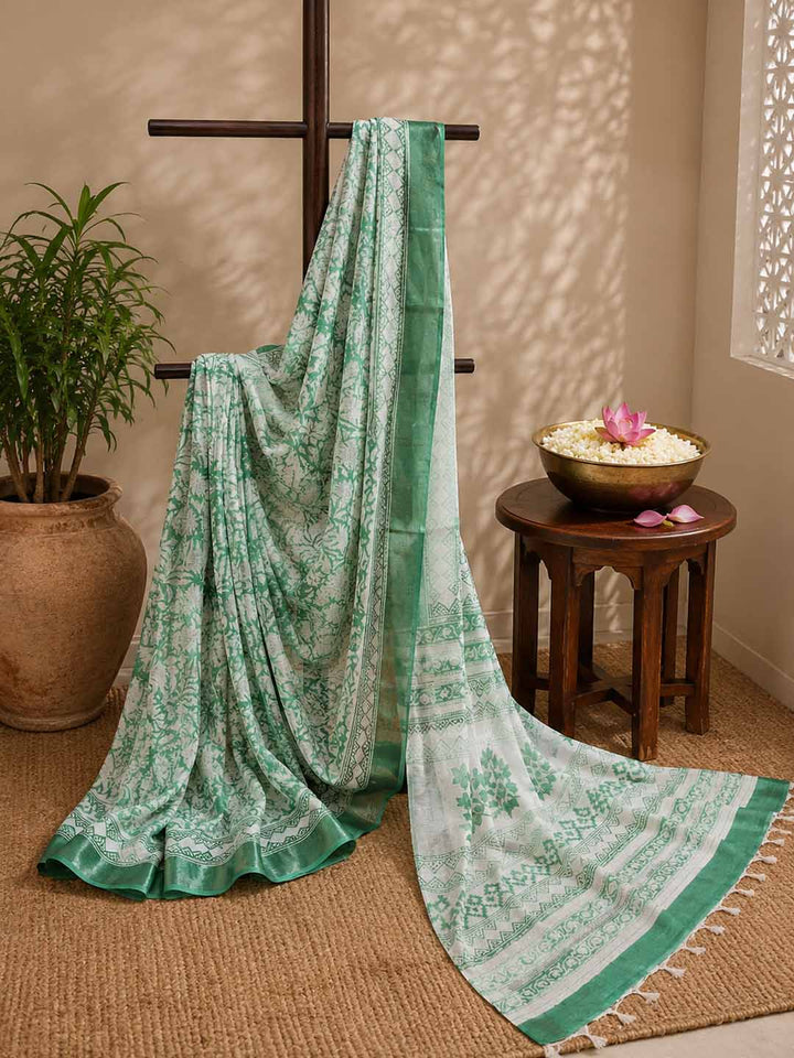 Green And  White Hand Block Print Linen Cotton Saree.
