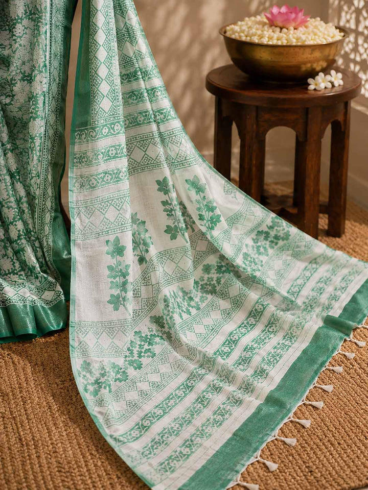 Green And  White Hand Block Print Linen Cotton Saree.