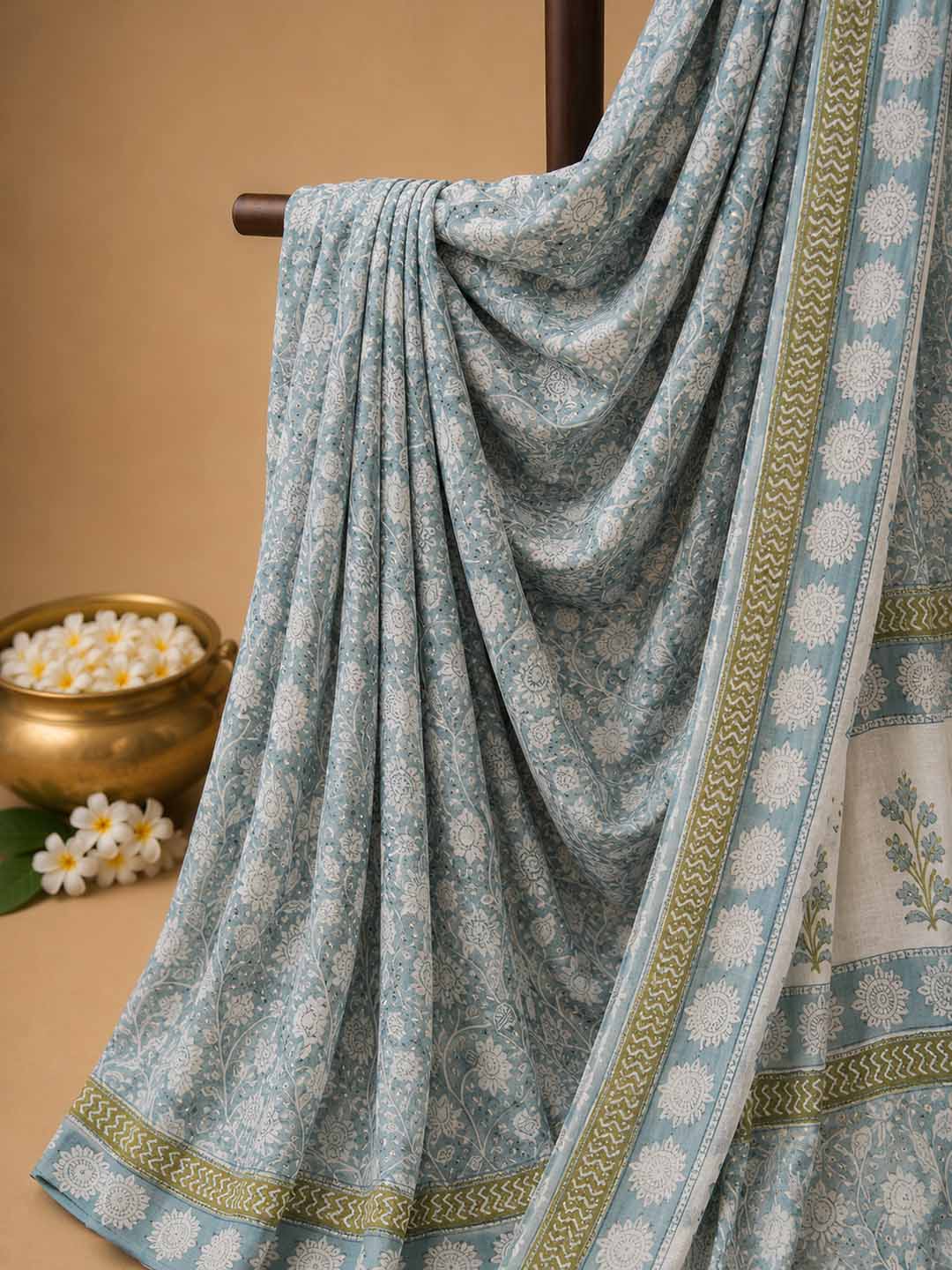 Light Blue And  White Hand Block Print Cotton Saree