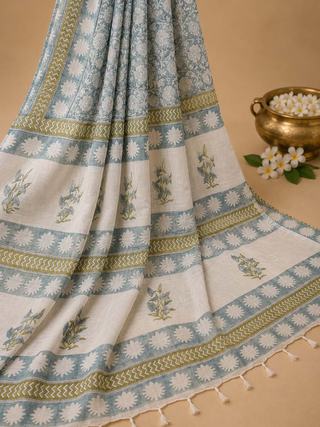 Light Blue And  White Hand Block Print Cotton Saree