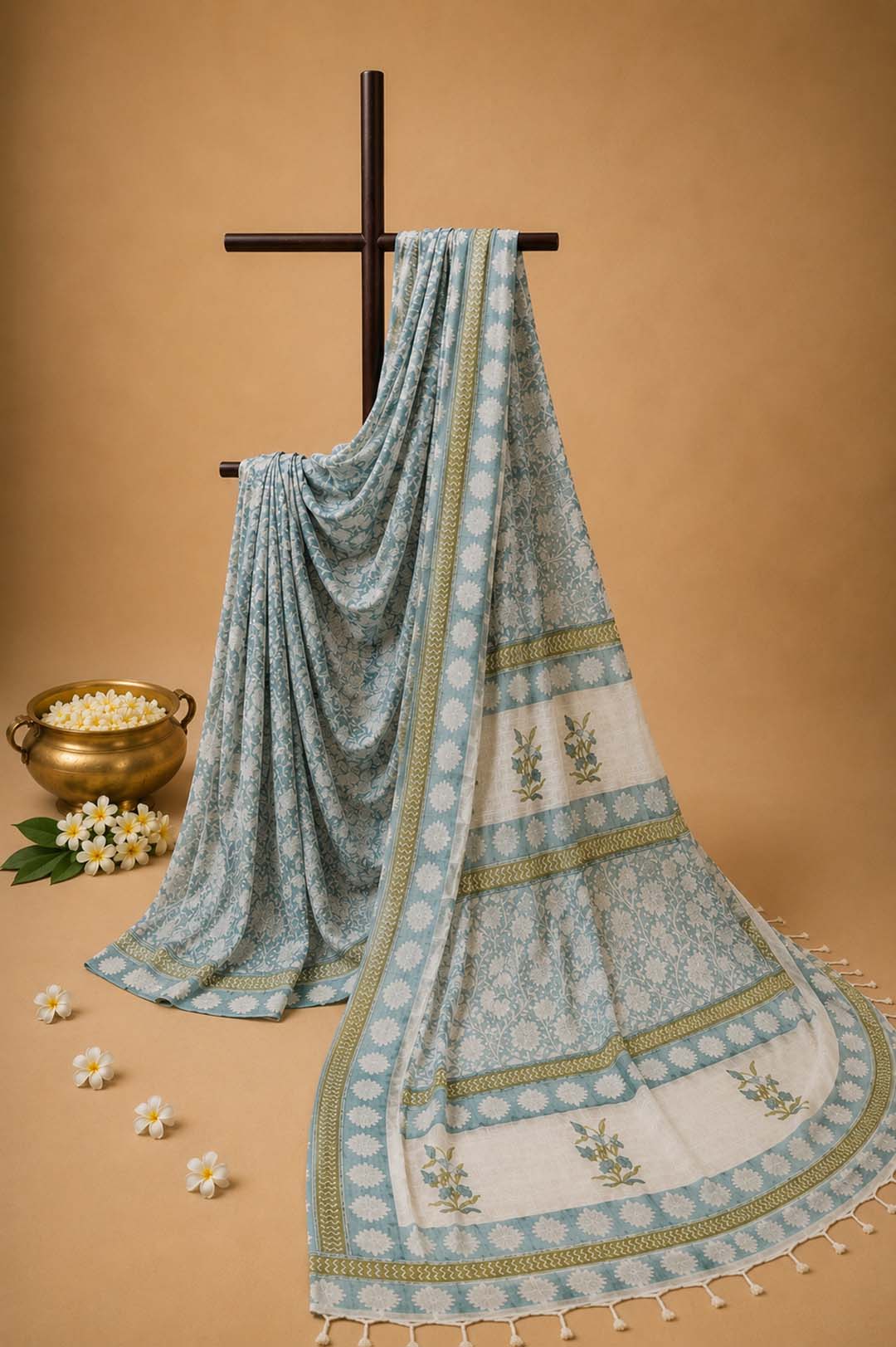 Light Blue And  White Hand Block Print Cotton Saree
