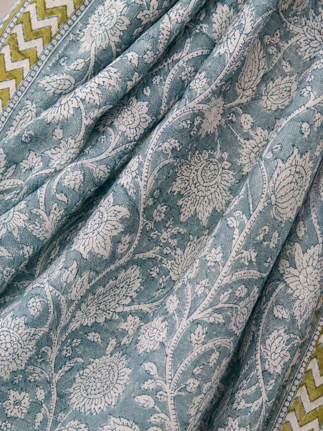 Light Blue And  White Hand Block Print Cotton Saree