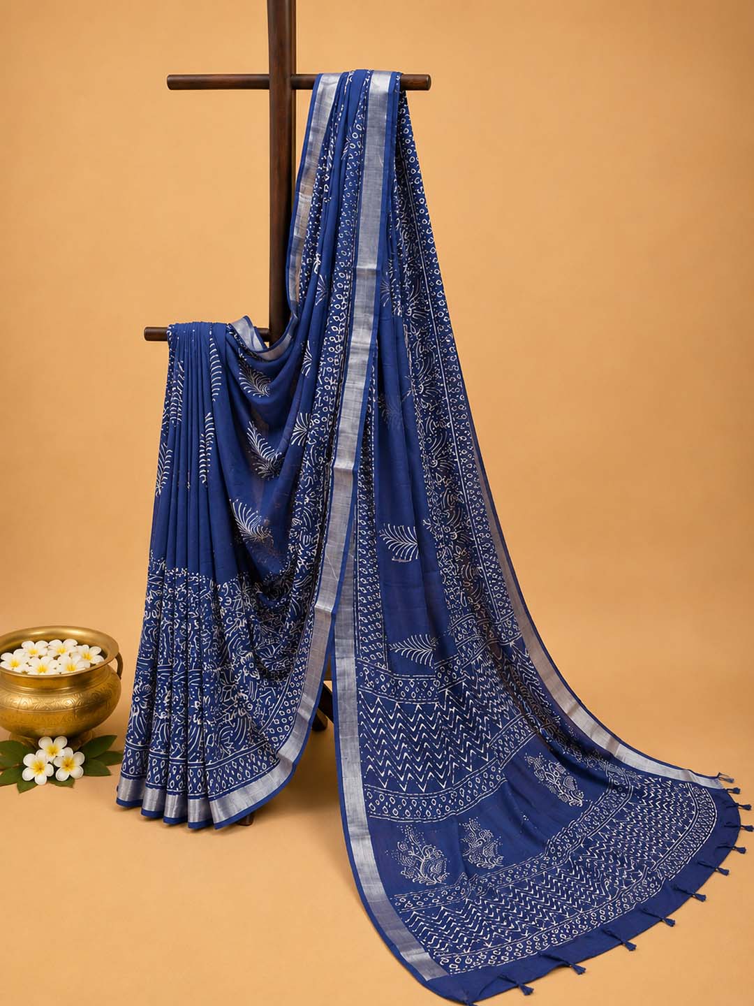 Indigo Hand Block Print Linen Cotton Saree