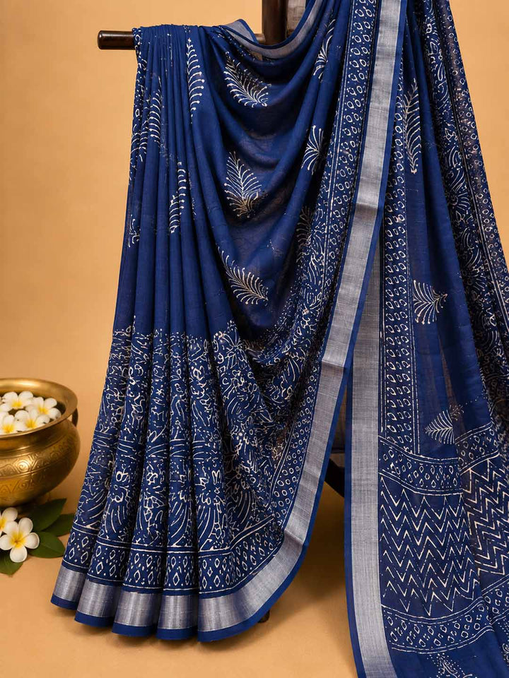 Indigo Hand Block Print Linen Cotton Saree