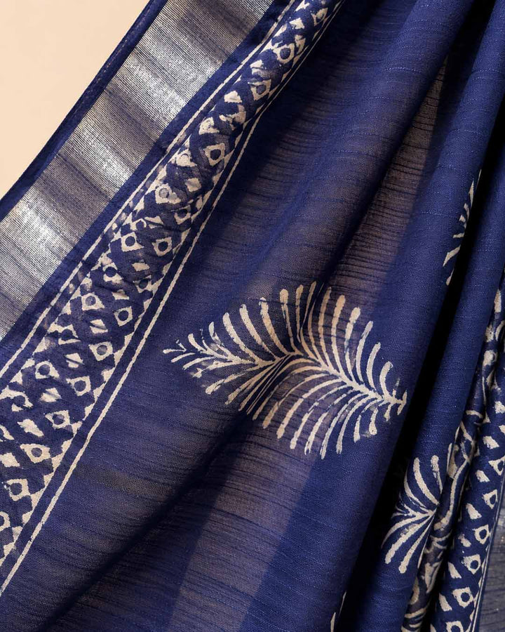 Indigo Hand Block Print Linen Cotton Saree