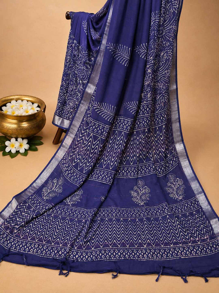 Indigo Hand Block Print Linen Cotton Saree