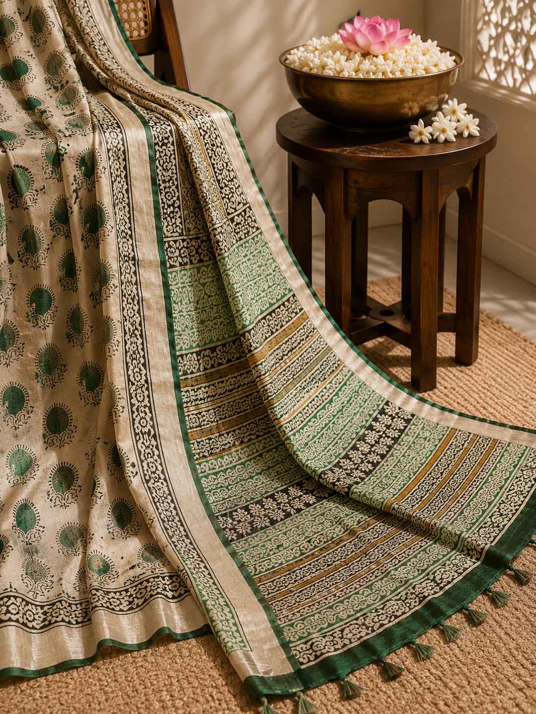 Light Beige And Green Hand Block Print Linen Cotton Saree