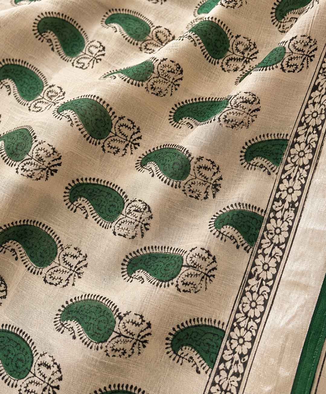 Light Beige And Green Hand Block Print Linen Cotton Saree