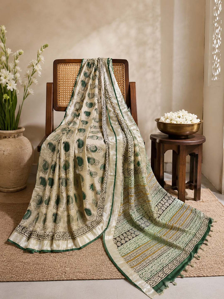 Light Beige And Green Hand Block Print Linen Cotton Saree