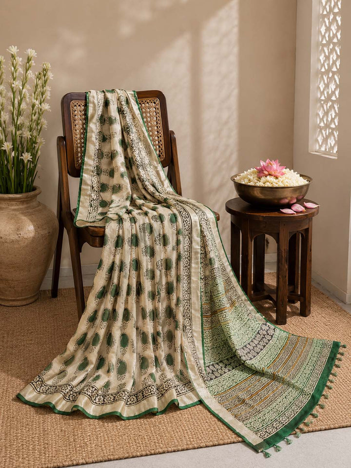 Light Beige And Green Hand Block Print Linen Cotton Saree