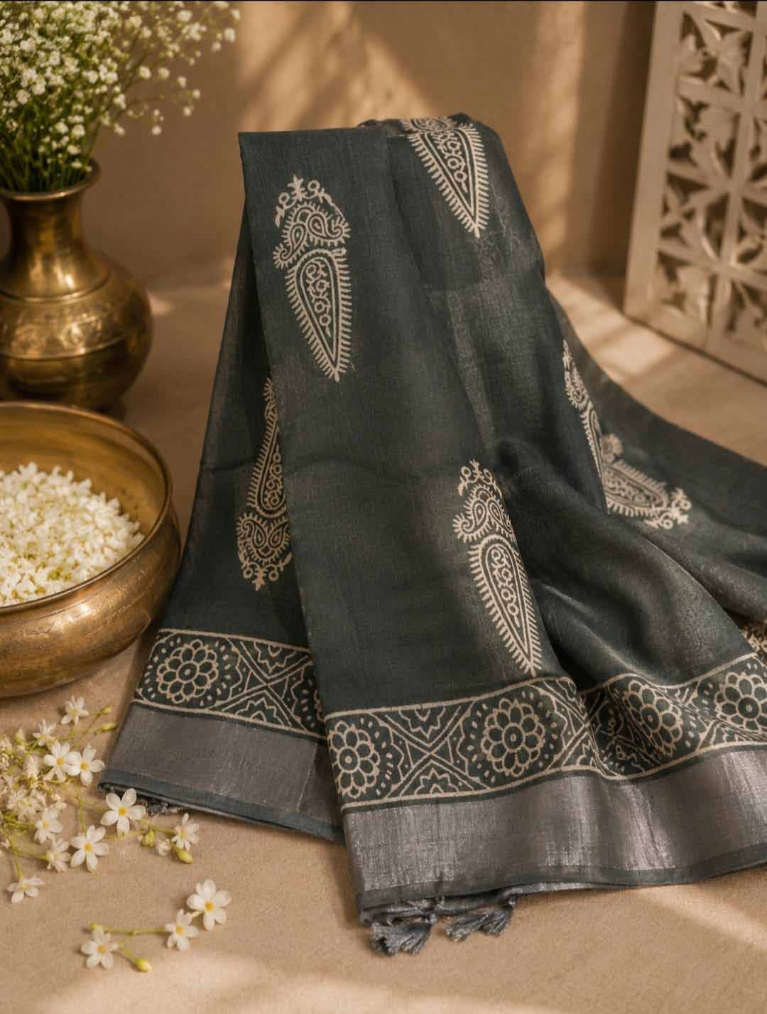 Grey Hand Block Print Linen Cotton Saree