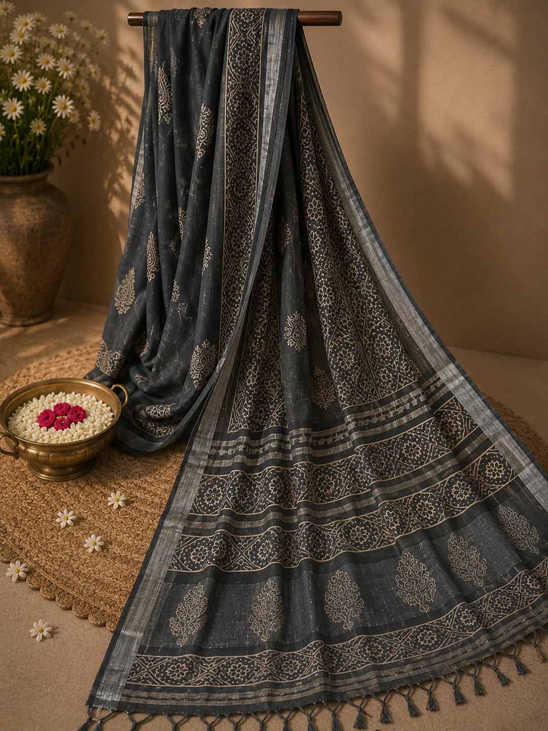 Grey Hand Block Print Linen Cotton Saree