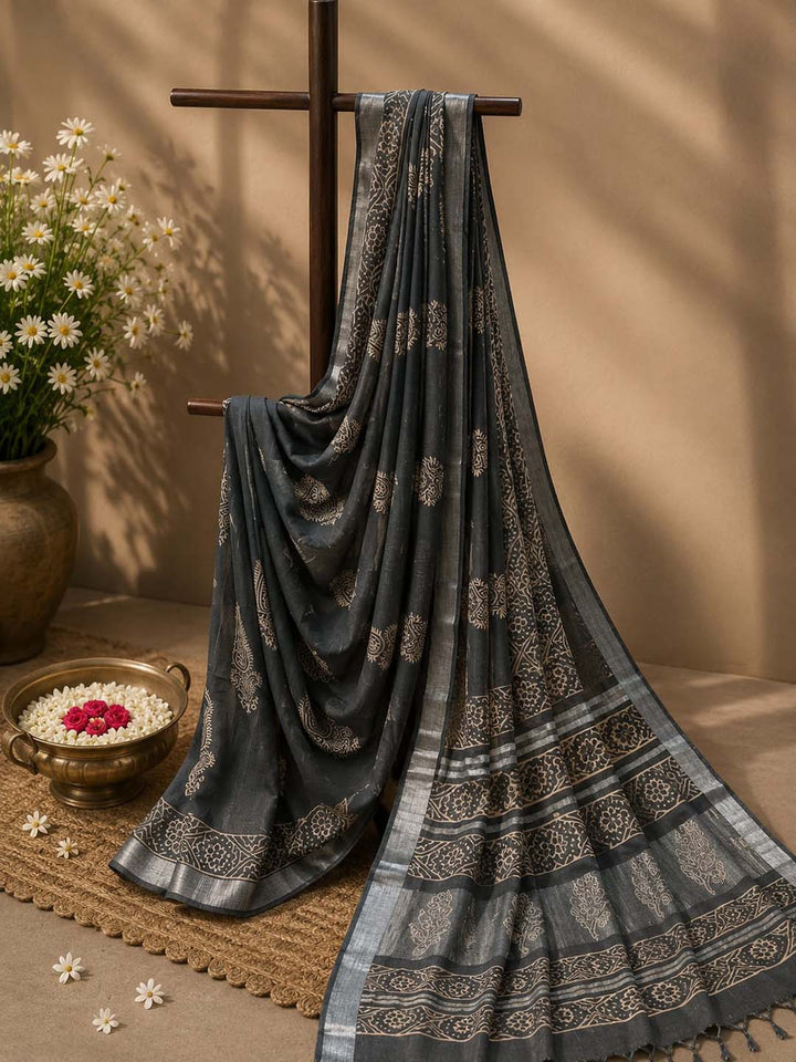 Grey Hand Block Print Linen Cotton Saree