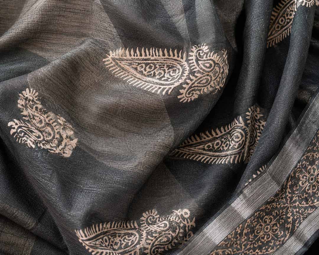 Grey Hand Block Print Linen Cotton Saree