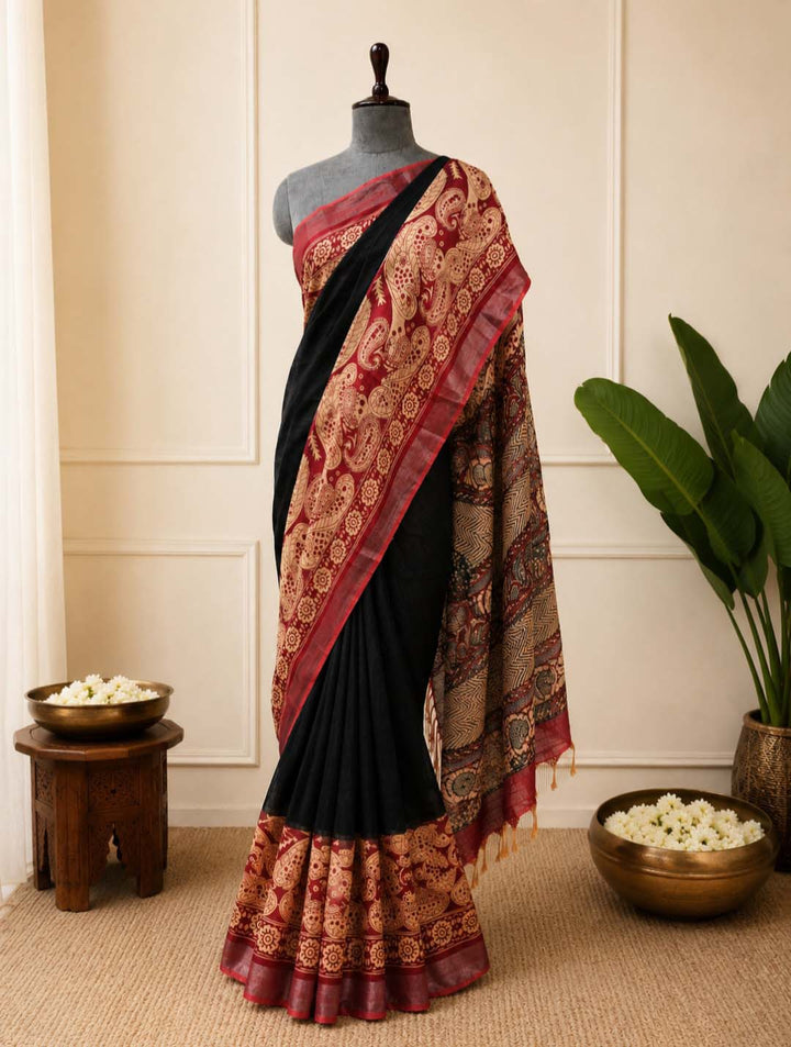 Black and Maroon Hand Block Print Linen Cotton Saree