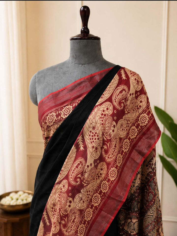 Black and Maroon Hand Block Print Linen Cotton Saree